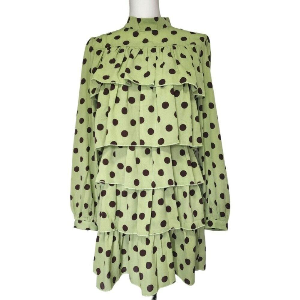 Nasty Gal Satin Spot‎ Tiered Frill Smock Dress Green/Brown Size 6